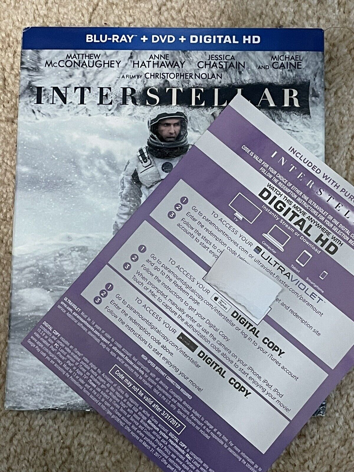 INTERSTELLAR VUDU Blu-ray/DVD/Digital Code