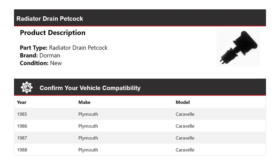 Para 1985-1988 Plymouth Caravelle Dorman Radiador Drenaje Petcock 1986 1987 Foto 2 de 4