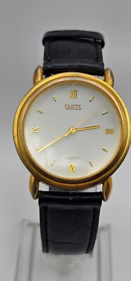 Vtg Guess Watch Men Women Gold Tone Black leather Band 1990  display picture 2