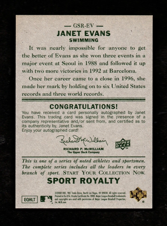 Autógrafo del campeón olímpico de natación Janet Evans 2008 Goudey Sport Royalty Foto 2 de 2