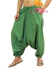 Men Women Cotton Solid Green Harem Pants Gypsy Hippie Drop Crotch Trouser Genie