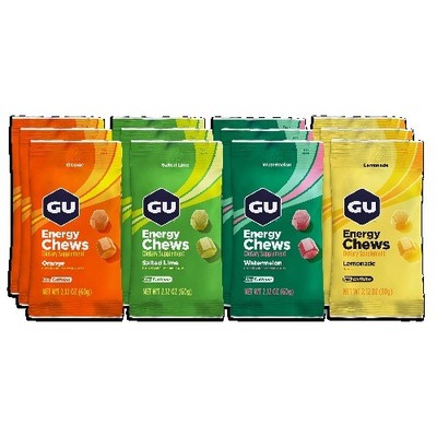 GU Energy Chews, Energy Gel Gummies, Assorted, Caffeine-Free, 12 Pkt Box