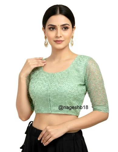 Readymade Saree Blouse, Designer Mint Green Embroidered Net Sari Blouse