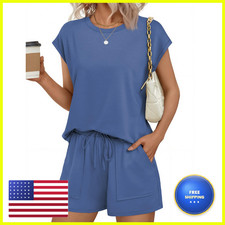 Ekouaer Two Piece Sets For Women Summer Crew Neck Lounge Short Sets Cap Sleeve