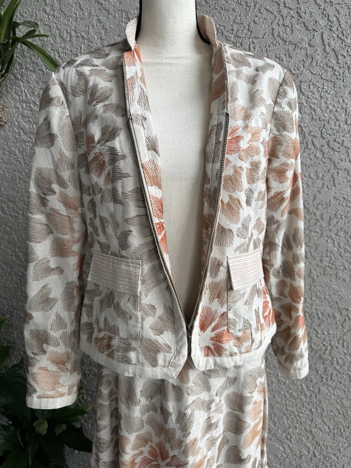 Traje Chaqueta Coldwater Creek Mezcla de Lino Bronceado Bordado Talla 14-Falda Talla 10-12-NUEVO CON ETIQUETAS Foto 4 de 4