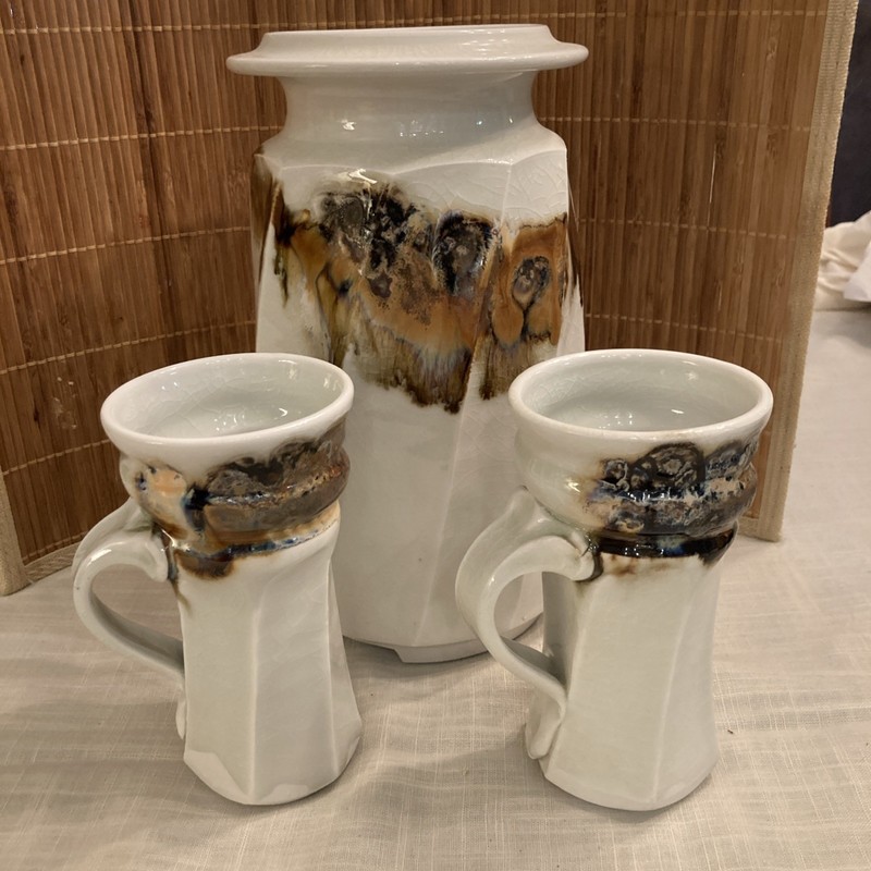 handmade ceramic pottery White Brown Coil Mayhew Signed Mugs Vase Gorgeous Vtg
