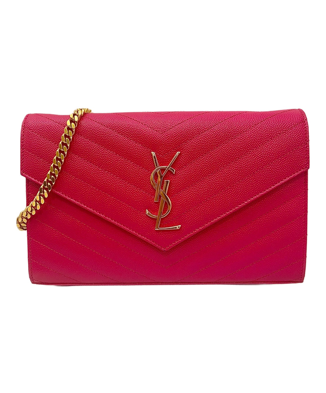 Portafoglio Saint Laurent Paris punto V catena YSL in rosa shocking e oro