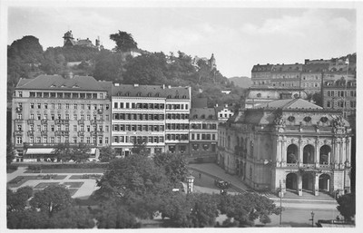 Postcard Karlovy Vary City Theatre and Central Hotel Loib Photo Postcard Pre 1945 (D40887