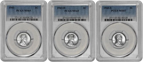 1943 P D S 1c Lincoln Steel Wheat Cent PCGS MS 65 Three Coin Lot