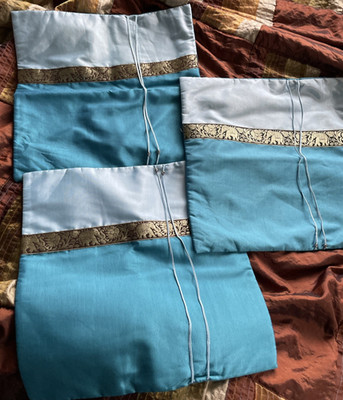 3 x Thai Seide zweifarbig blau Kissenbezüge Gold Elefantenborte Neu 16x16''