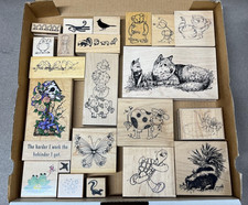 Lot of 23 Misc. Wood Mounted Rubber Stamps Animals Birds Butterflies Frogs