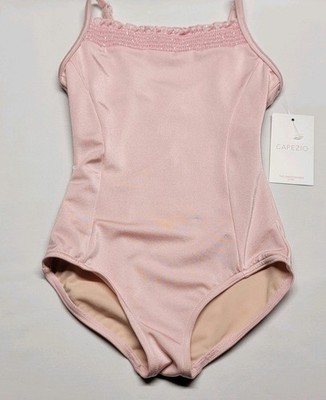 Capezio Ruffle Camisole Leotard Pink smocked Ruffled Neck Straight Back SZ IC
