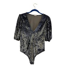 Intimately Free People Blue Crushed Velvet Puff Sleeve V-Neck Bodysuit Size L