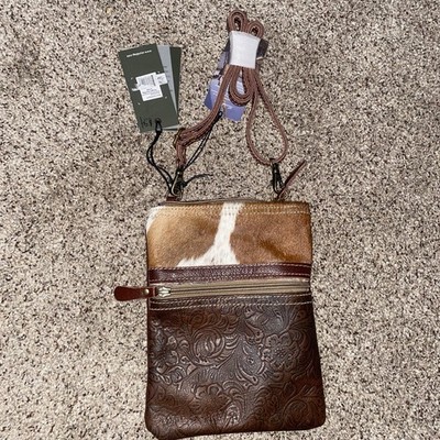 Myra Bag Floral Leather Design and Cow Hide Crossbody Purse Brown/White Small