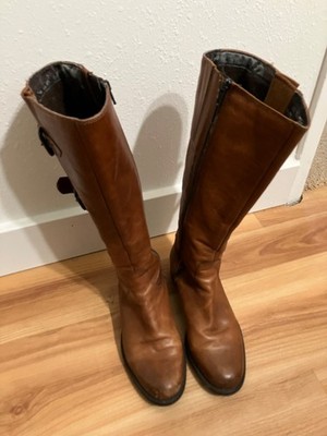 Clarks Women Mullin Spice Long Leather Congac Riding Boots Brass Buckles Sz 7 M