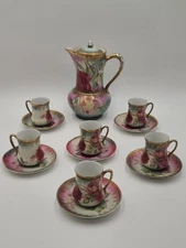 Antique 19th C C.S. Prussia Handpainted Demitasse Set 6 Cups Saucers Coffee Pot
