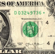 2013 Star note one dollar bill D03249736* 250k sheet run 2 of 2 FW