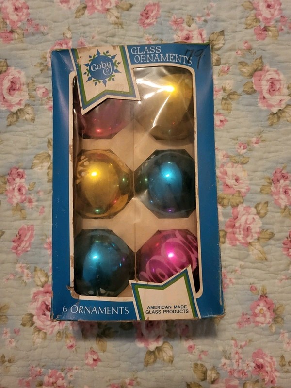 6 vintage glass Christmas ornaments MCM mica designs pink gold blue set in box