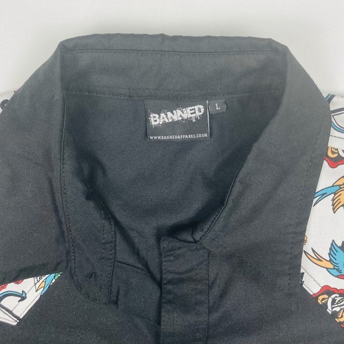 Banned Apparel Mens Hot As Hell Shirt - Size Large Black Skulls Rosses Birds VGC - Picture 5 of 13