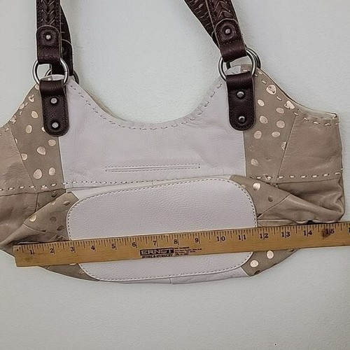 The Sak Large Slouchy Tan, Off White & Polka Dot Block Print Leather Bag Purse - Picture 5 of 16