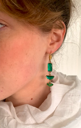 Art Deco Emerald Green Fan Earrings Bridal Lever Back Statement Emerald Cut - Video 1 of 1