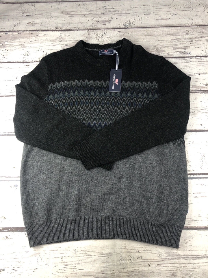 New Vineyard Vines Mens Fairisle Sweater Large Charcoal Gray Wool Crewneck NWT - Image 2 of 4