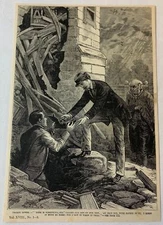 1884 magazine engraving~ MEN RETRIEVE AN IRON BOX FROM WRECKAGE