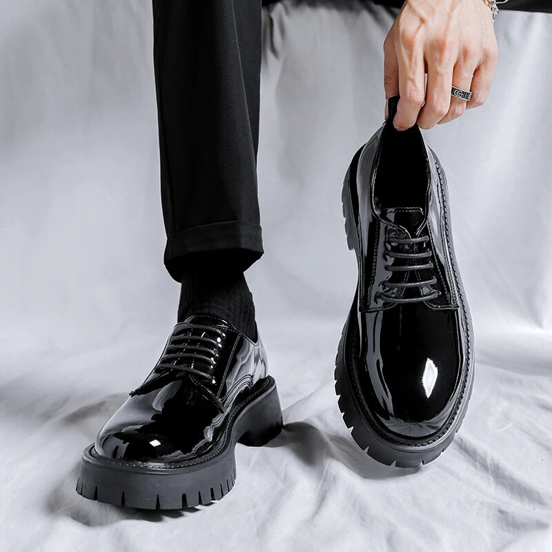 Men Black High Sole Platform Shoes Man Business Wedding Leather