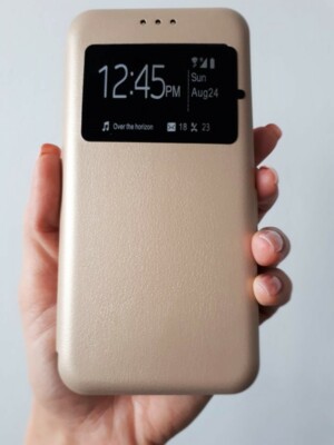 Window Elegance Buch Form Hülle Fenster Tasche Handy GOLD Für Huawei P20 Lite 