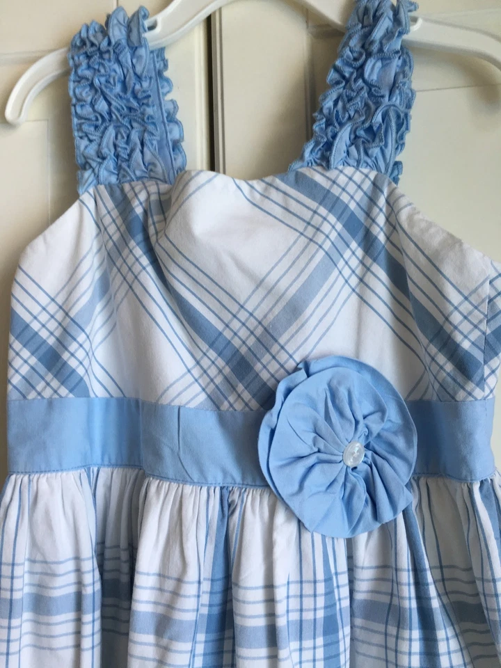 Hartstrings Size 6 Girls Blue and White Plaid Dress Ruffled Sleeve Cotton - Image 2 of 4