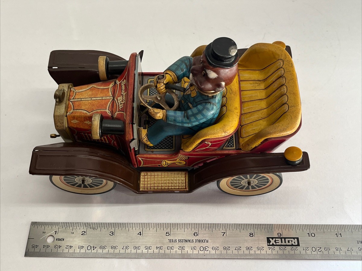 SMOKEY BILL ON OLD FASHION CAR TIN BATTERY TOY JAPAN 1960s SMOKEY BILL ON OLD FASHION CAR TIN BATTERY TOY JAPAN 1960s