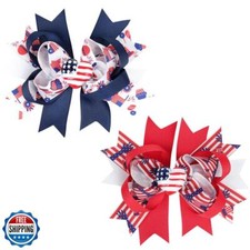 2 Pack Patriotic Hair Bows Clips 4th of July USA Flag Hair Clips with Heart C