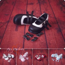 1/4 MSD MDD BJD Doll PU Leather Student Shoes Double Buckle  Bow Lace Top Line