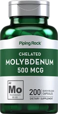 Molybdenum Supplement | 500 mcg | 200 Capsules | Non-GMO | by Piping Rock