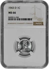 1943 D 1c Lincoln Steel Wheat Cent NGC Graded MS 66 Proof Like OBV in New Holder