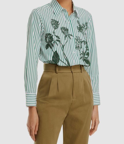 Libertine Women's Green Botanical Stripe Collared Button-Up Shirt Top Size XL