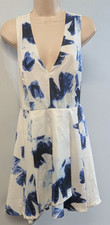 Aakaa Ivory Blue Floral Halter Dress M V-Neck High-Low Racerback Fit&Flare Lined