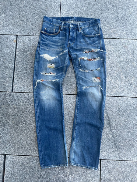 Hysteric Glamour Distressed Patchwork Jeans — W30 | Medium Wash | Heavy Distress