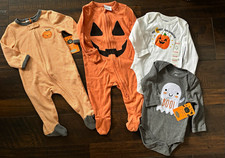 NWT Baby Boys Girls Size 3-6 Months Halloween Pumpkin Ghost Zip Pajamas Tops Lot