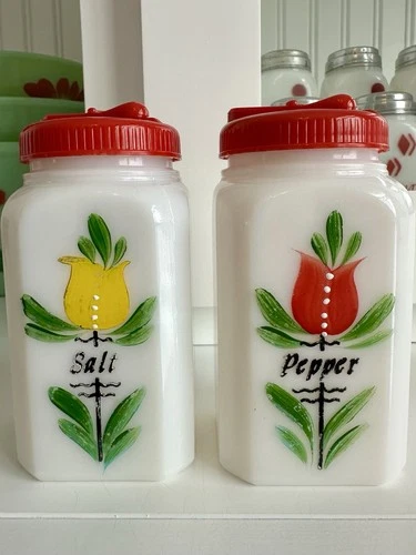 Vintage Hazel Atlas Milk Glass Hand Painted Red & Yellow Tulip Shakers