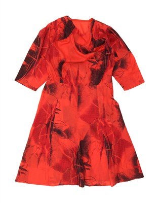 VINTAGE Damenkleid abstraktes Muster 3/4-Ärmel A-Linie UK 14 Medium rot AJ01