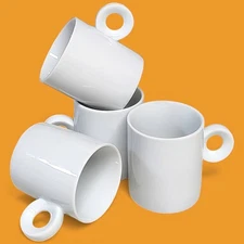 4pc Contemporary White Ceramic Coffee Mugs / Cups Set 3 3/8"