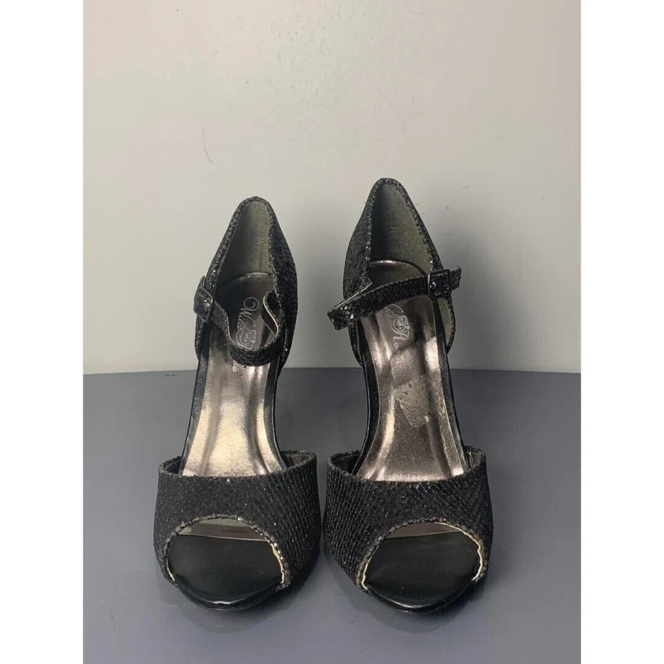 Tacones Wild Rose para mujer negros brillantes punta abierta correa al tobillo talla 7,5 Foto 2 de 4