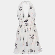 DG Cream Mickey And Minnie Mouse Print Silk Halter Neck Dress S
