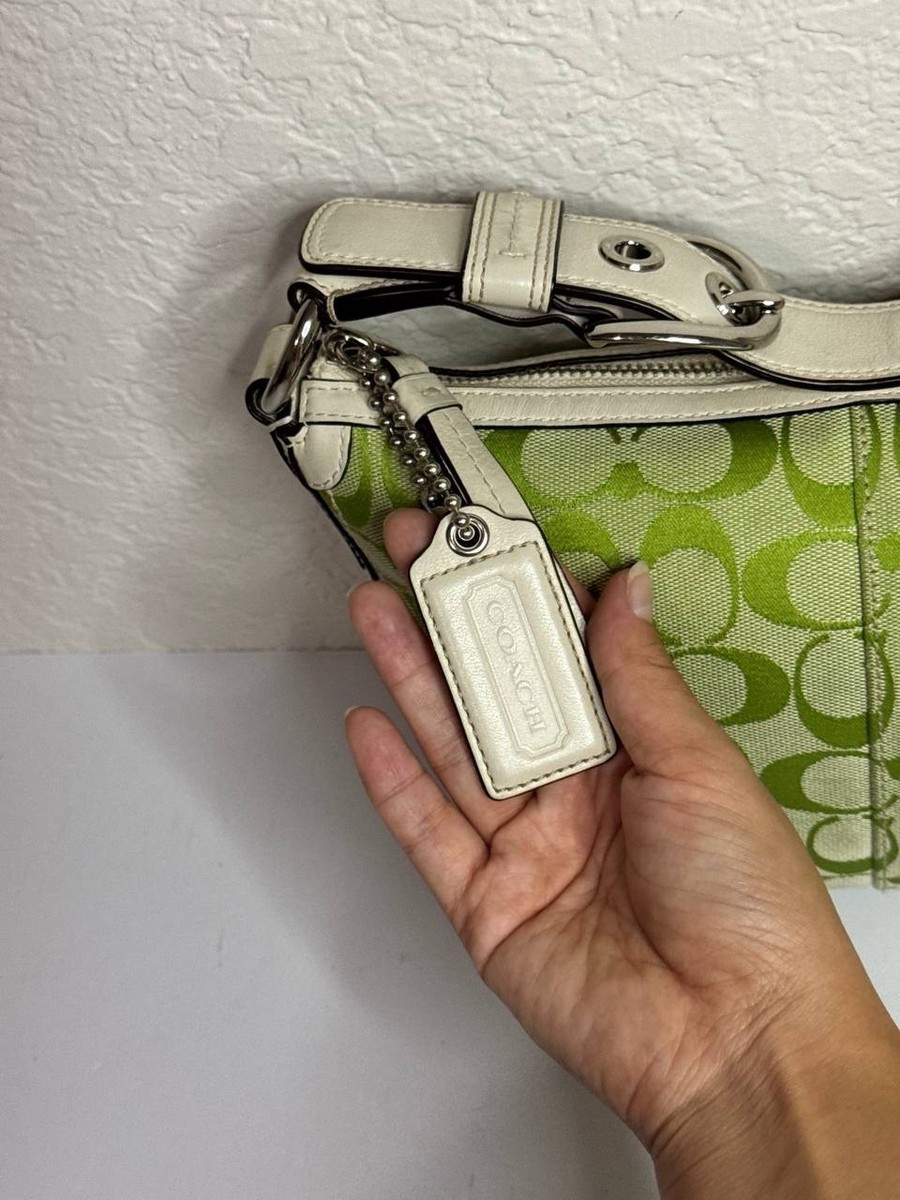 Coach APPLE GREEN Signature Canvas White Leather Trim Shoulder Bag