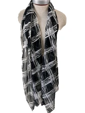 Cejon long neck scarf 72 x 20 black white geometric pattern polyester sheer