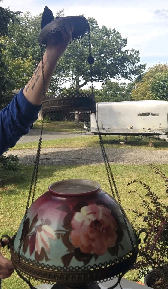 Антикварная ВИКТОРИАНСКАЯ ПОДВЕСНАЯ МАСЛЯНАЯ ЛАМПА ЛЮСТРА с ручной росписью ЧИТАЙТЕ - Изображение 3 из 4