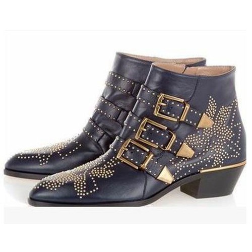 Botas al tobillo vaqueras occidentales con hebilla para mujer de pasarela gruesas tacón bloque remaches punk cremallera - Imagen 35 de 42