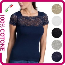 Maglia Intima Donna Elegante Cotone Manica Corta in Pizzo Maglietta Sottogiacca
