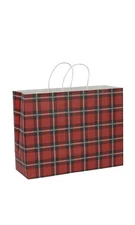 SSWBasics Large - Holiday Red Plaid Paper Shopping Bags - Case of 100